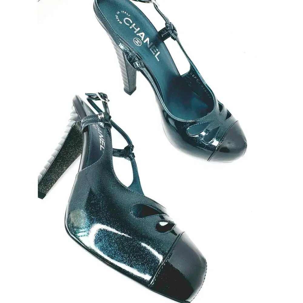 Vintage Chanel Forest Green Patent Slingback Pumps Heels CC Logo Size IT 38